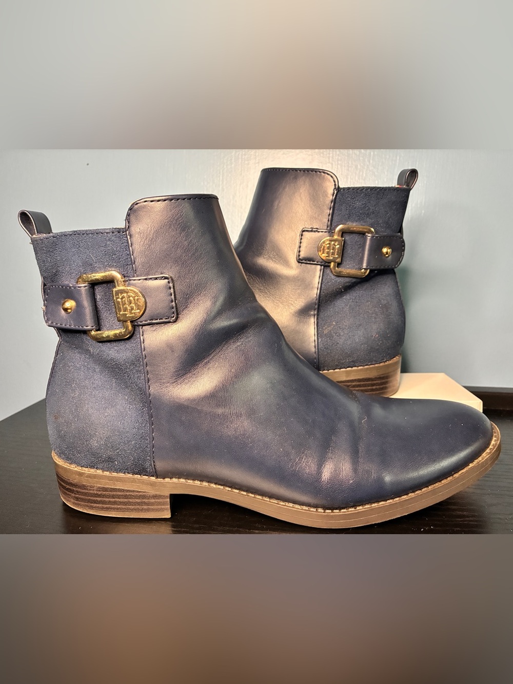 Tommy Hilfiger Isabel Navy Leather & Suede Ankle Booties with Gold Buckle